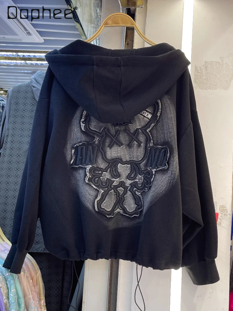 

European Fashion Cartoon Bear Hoodie for Women 2025 Autumn Winter Mid-Length Letter Zip Up Black Sweatshirt Trendy Coat