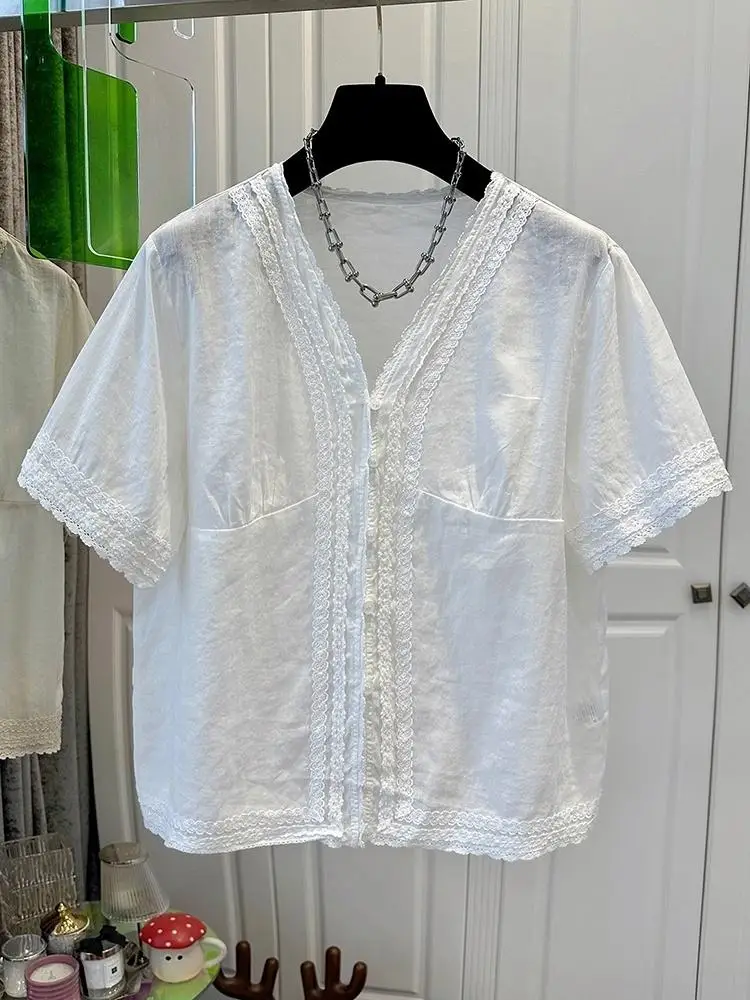 Chemisier en mousseline de soie pour femmes, vêtements de Style coréen, col en v, manches courtes, coupe ample, décontracté, haut tendance, nouvelle collection