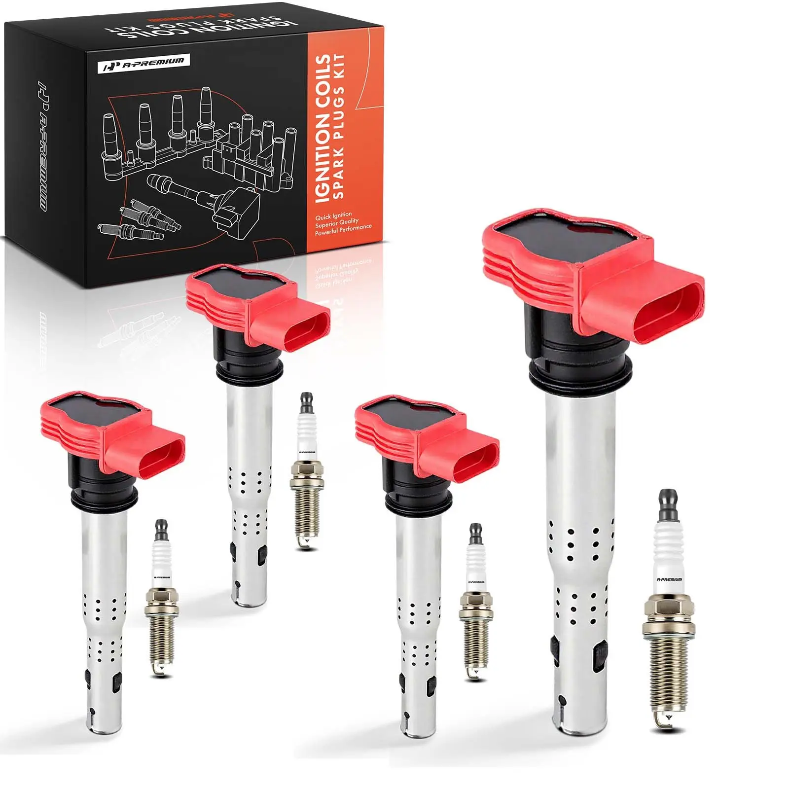 A-Premium 4x Red Ignition Coils & 4x Iridium Spark Plug Kit for Audi A6 Quattro VW Touareg