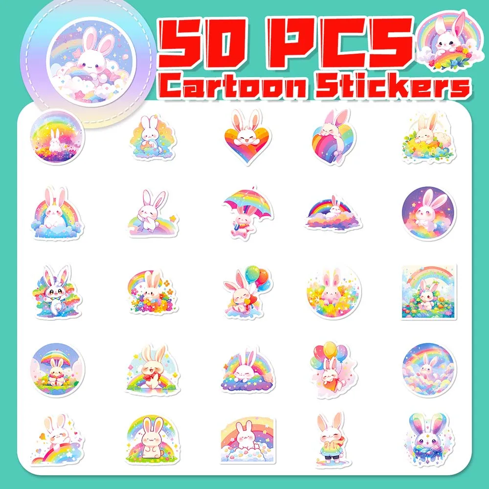 10/50Pcs Kawaii Rainbow Rabbit Cartoon Cute Animal Aesthetic Varied Sticker Pack for Kid Wall Laptop Decoration Graffiti Decals