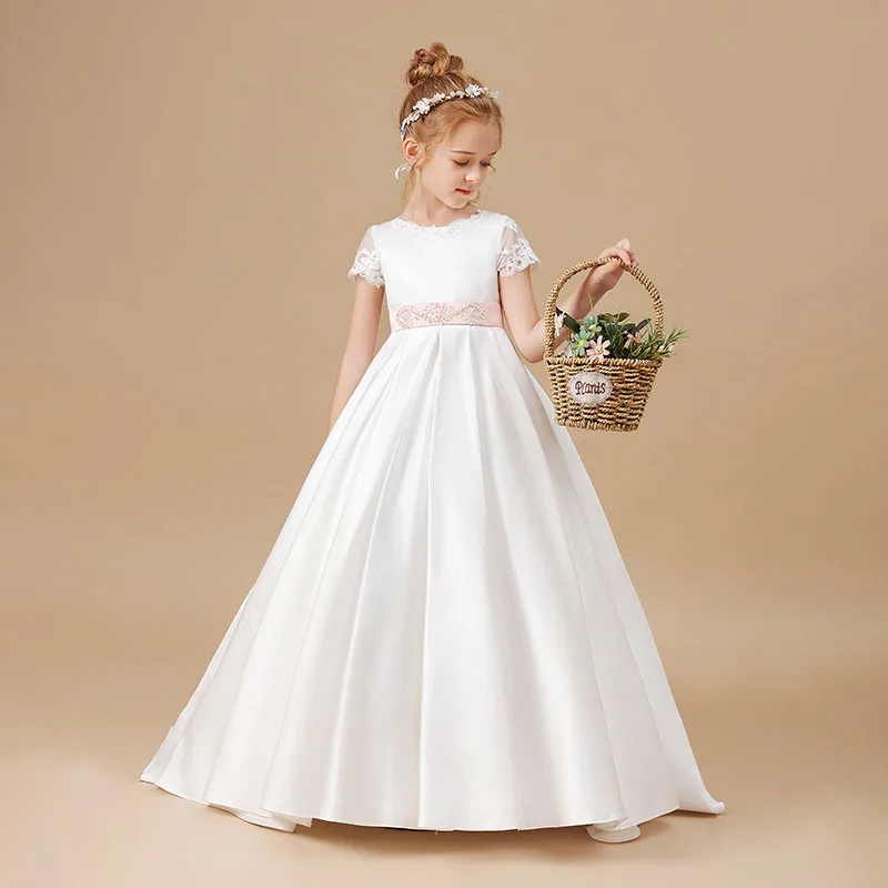 

Baby Kid Princess Lace Satin Applique Flower Girl Dress Children First Communion Dress Ball Gown Wedding Party Dress Birthday