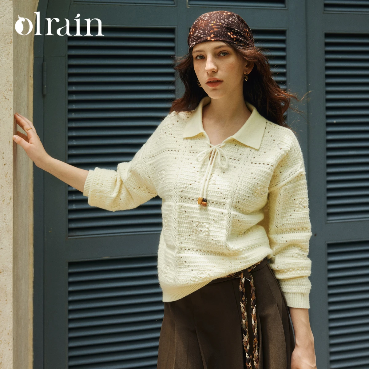 

OLrain Women's French Sweaters Polo Collar Lace Up Pullovers 2025 Autumn Winter Loose Elegant Tops Female Clothing O57DZ002020
