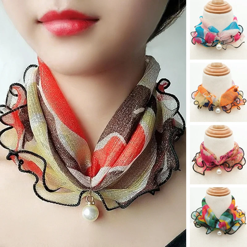 Gold Silk Imitation Pearl Pendant Scarf Fashion Neckerchief Wooden Ear Edge Variegated Scarf