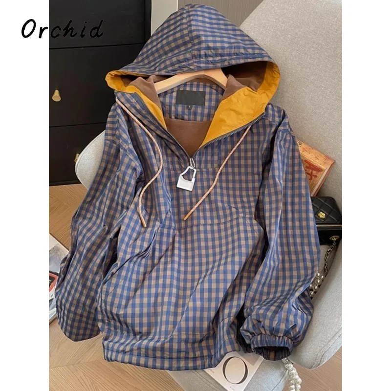 2024 Autumn Women's Casual Long Sleeve Plaid Sweatshirts Female Street Vintage Style Fashion Loose Fit Zipper Hoodies Top