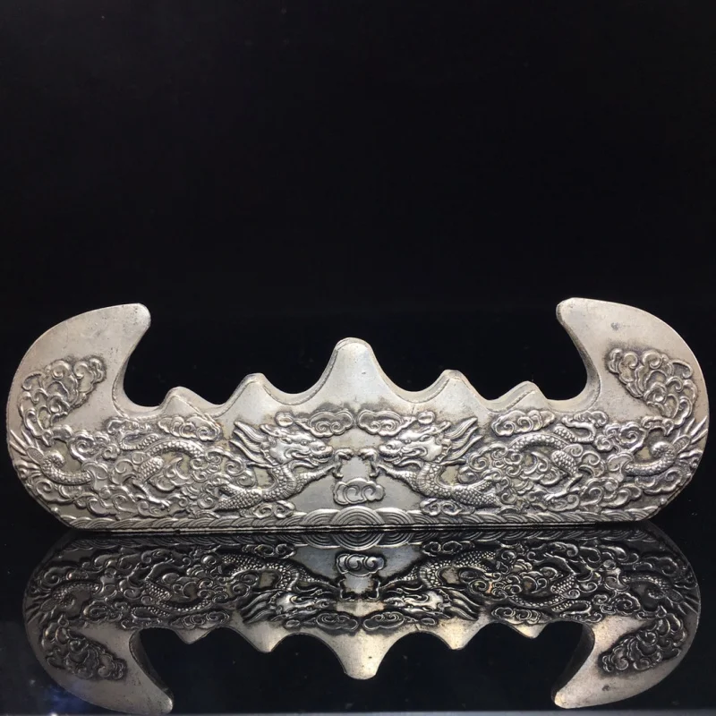 Silver inkstone, silver-plated double dragon pen holder, Chinese-style decorative piece, four treasures of the study, copper han