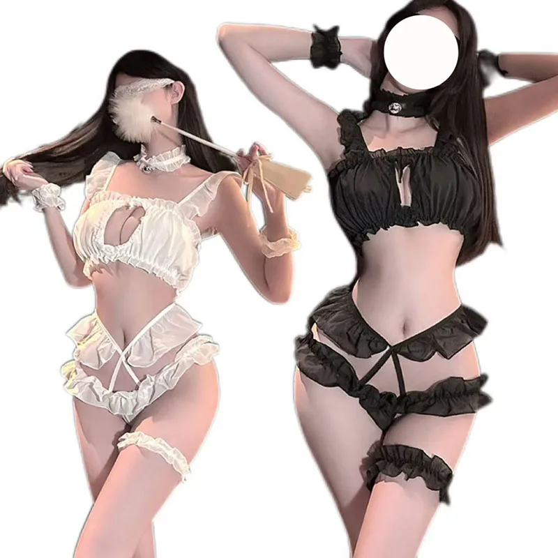 

Sexy Cat Cosplay Hollow Out Women Lingerie Set Seduction Lace Tops And Underpants Transparent Bra Exotic Clothing Girl Uniform