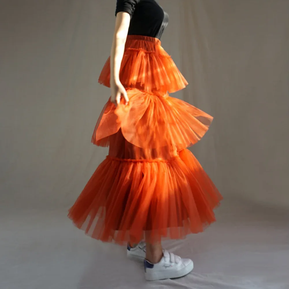 Pretty Orange Tiered Tulle Skirt A Line Layers Ankle Length Women Photo Shooting Skirt Elastic Elegant Bridal Wedding Skirt