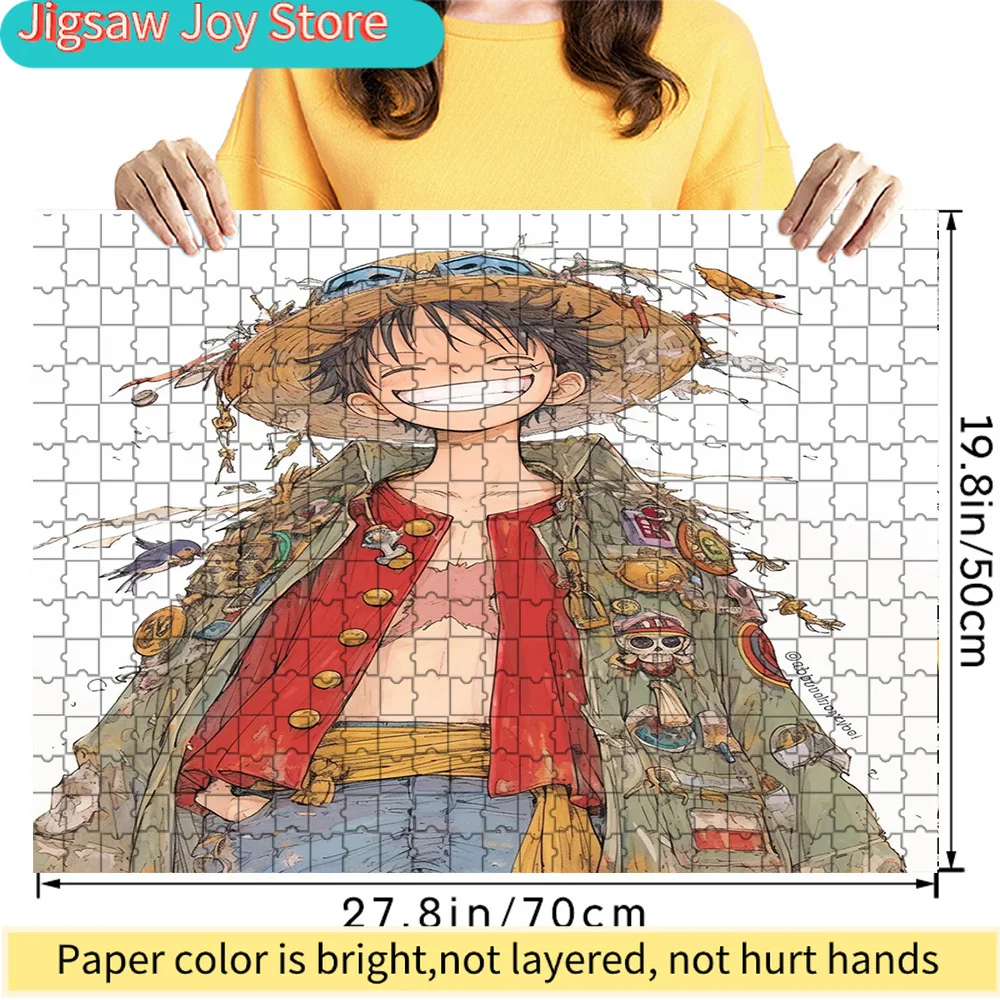 

Премиальный бумажный пазл с изображением Луффи с веселой улыбкой и узорчатым пальто, 27,8x19,8 дюймов, большой размер, для самостоятельной сборки