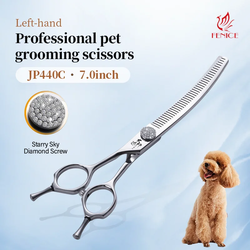 Fenice 7.0 Inch Lefty 440C Pet Dog Grooming 30° Curved Fluffy Scissors 50% Thinnning Rate for Soft Hair poodle/Bellington