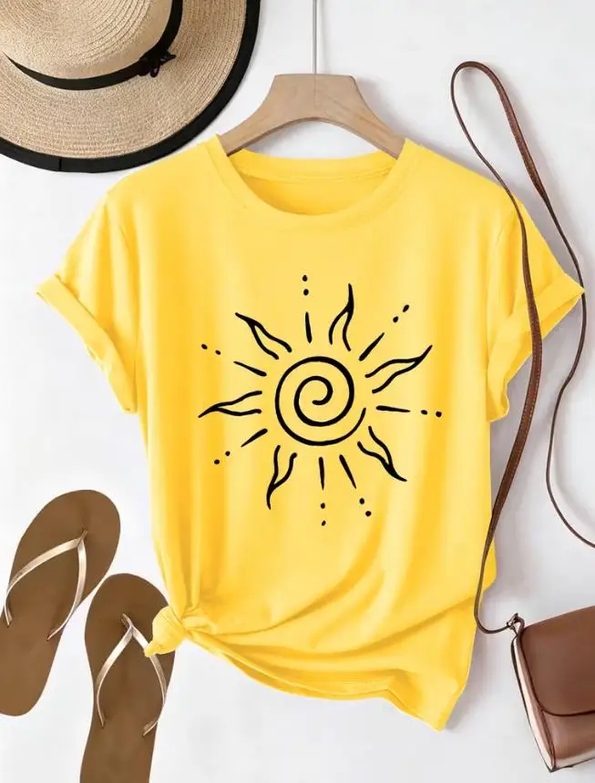 Minimalist Spiral Sun Graphic T Shirt Women Boho Celestial Aesthetic Tee Casual Short Sleeve Crewneck Top Summer Vintage Clothing