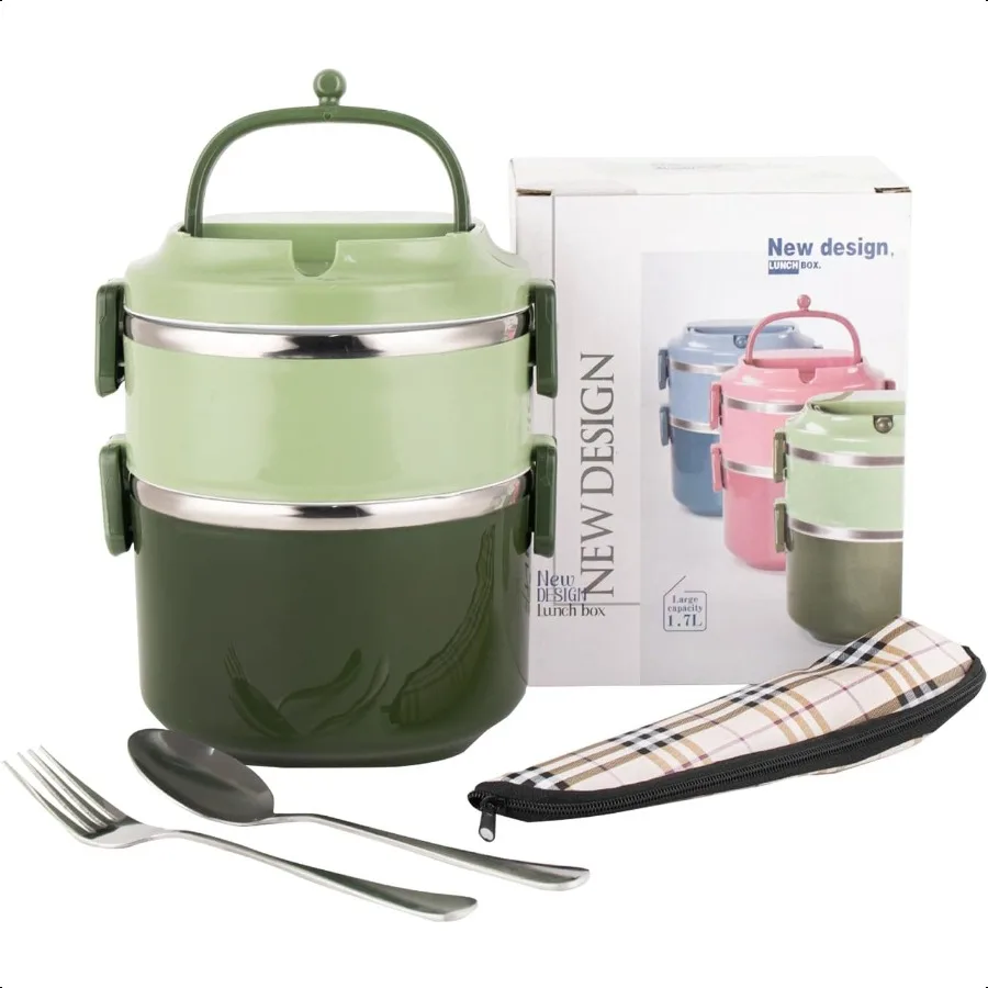 

2 Tier Stackable Stainl Steel Lunch Box Sealed green 2 layers with spoon and fork