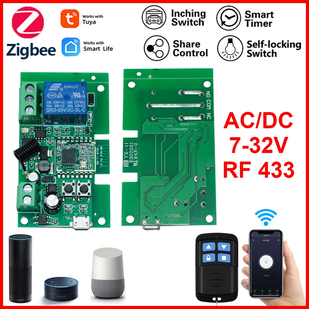 Smart Zigbee 1 CH AC/DC 7-32V Inching Switch Module With RF433 Remote Control,Tuya Smart Life APP,Work with Alexa Google Home