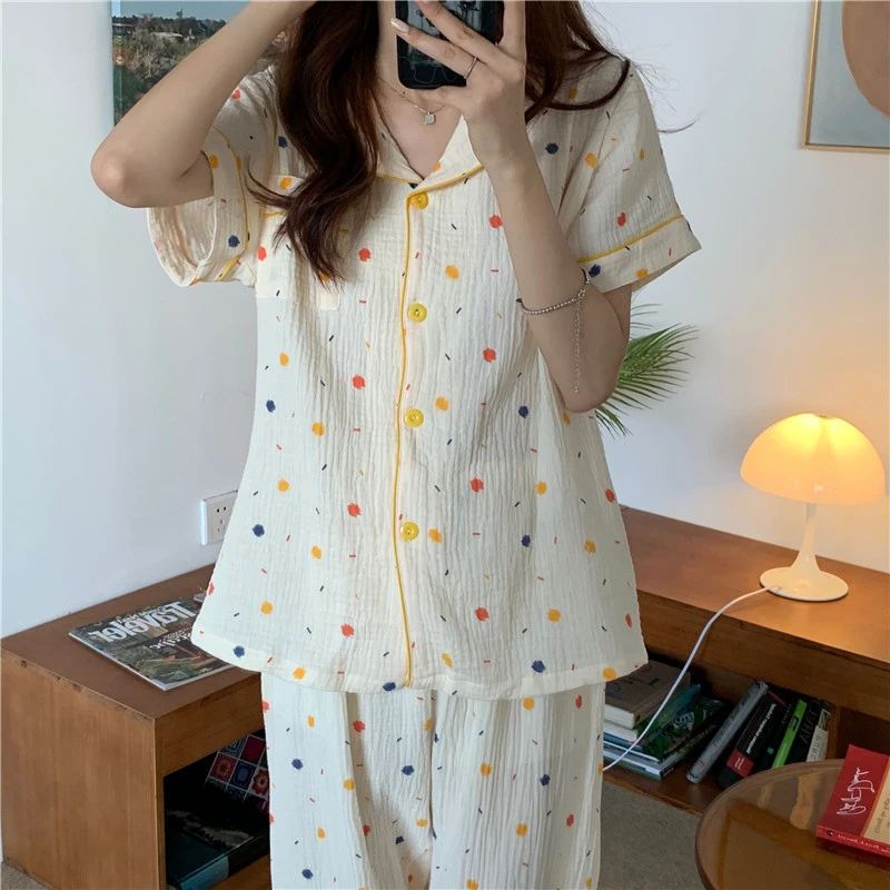 Summer Short-sleeved Lapel Cardigan 2-piece Pajama Set Night Sleep Home comfort Wear Nightie for Women Low Price