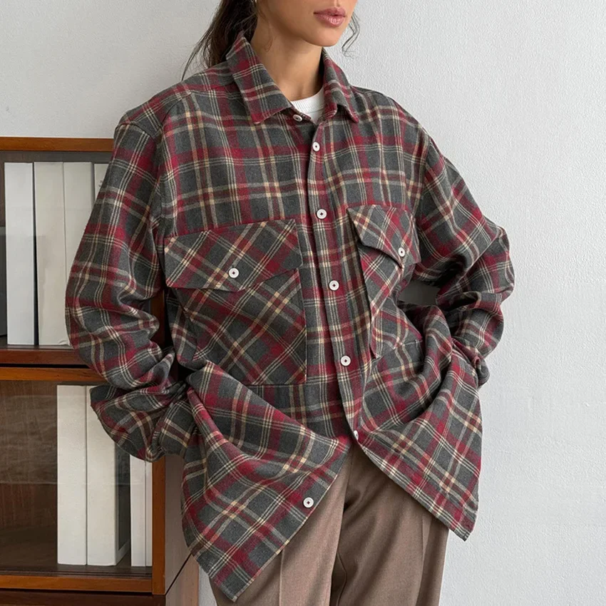 

Retro European and American plaid casual shirt 2025 autumn and winter new niche simple plaid long-sleeved shirt jacket