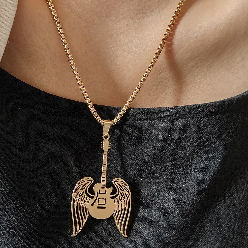 

Personality Guitar Wings Pendant NecklacesStainless Steel Jewelry WomenHip Hop Rock Choker for Men Accessories Gifts Wholesale