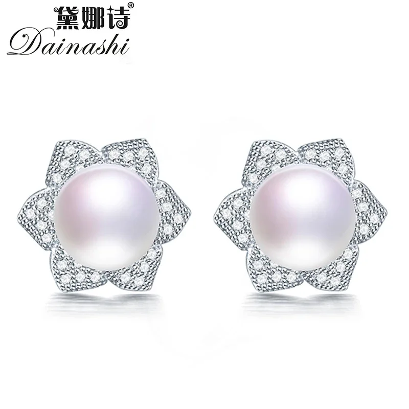 

Dainashi High Quality 100% Genuine Freshwater Pearl Earrings for Women Hot Sale 925 Sterling Silver Zircon Flower Stud Earrings