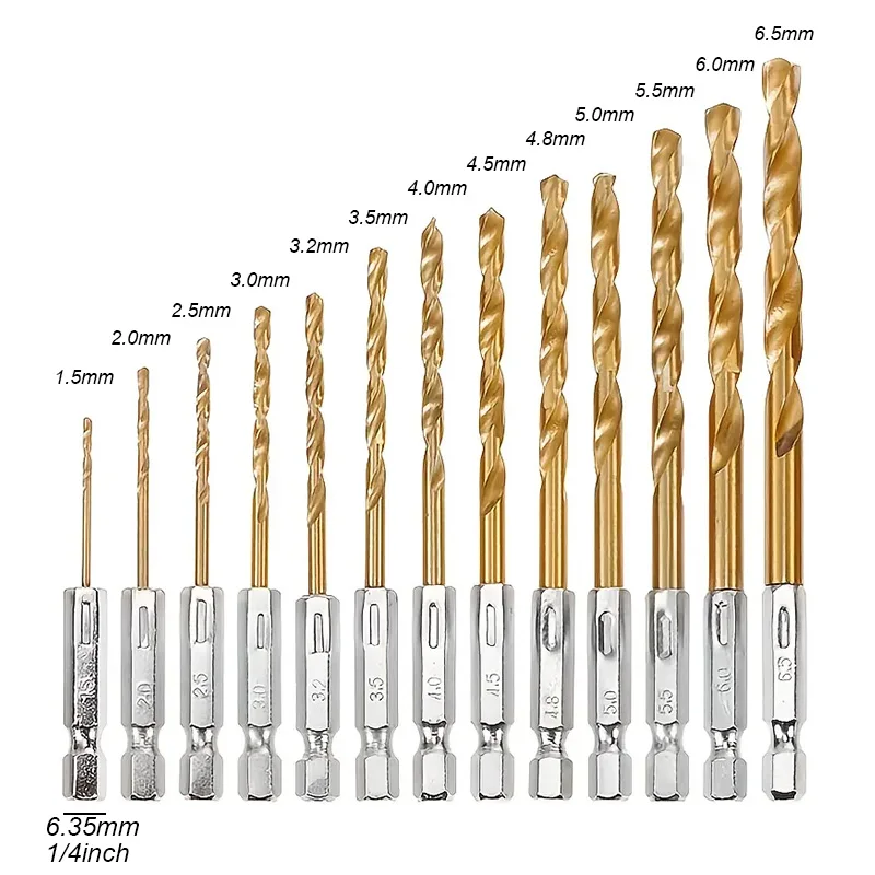 Drill Bit Set 1/4 Hex Shank Handle HSS High Speed Steel Titanium Coated Hexagon Wood Soft Metal Plastic PVC Hole Cut Power Tool