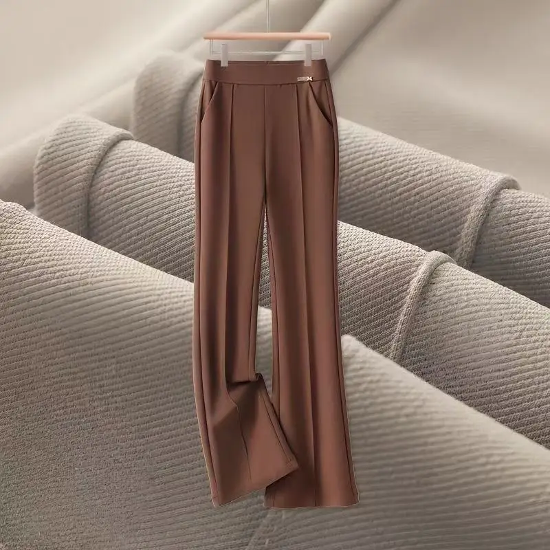 Pantalon drapé élastique à jambes droites pour femmes, nouvelle collection automne, taille haute décontractée, noir, jambes larges et étroites