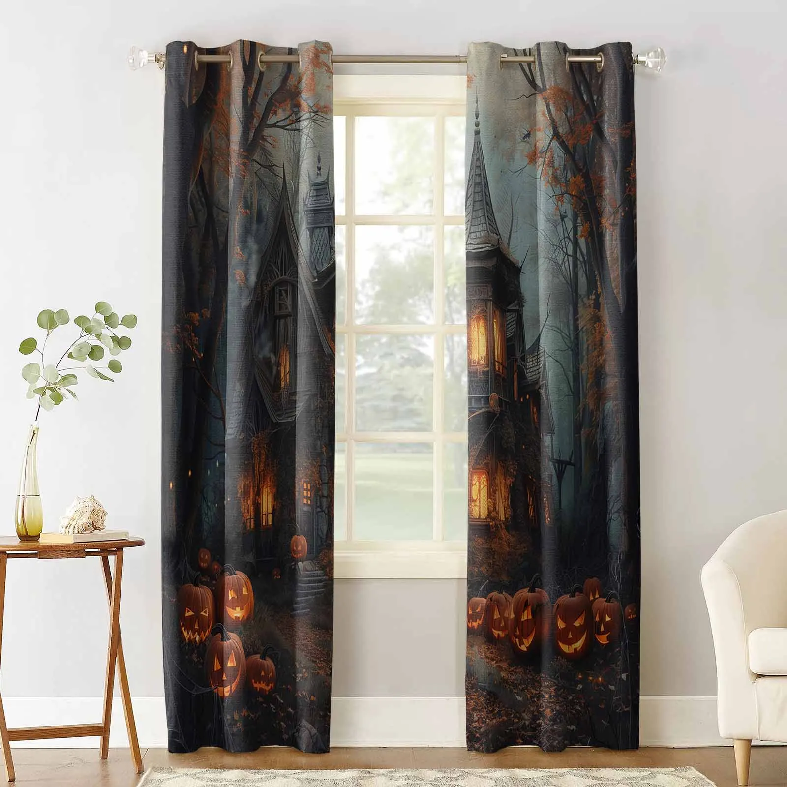 Alloween Castle Pumpkin Retro Grove Curtains for Living Room Window Decoration Curtains in Home Kitchen Luxury Bedroom Drapes