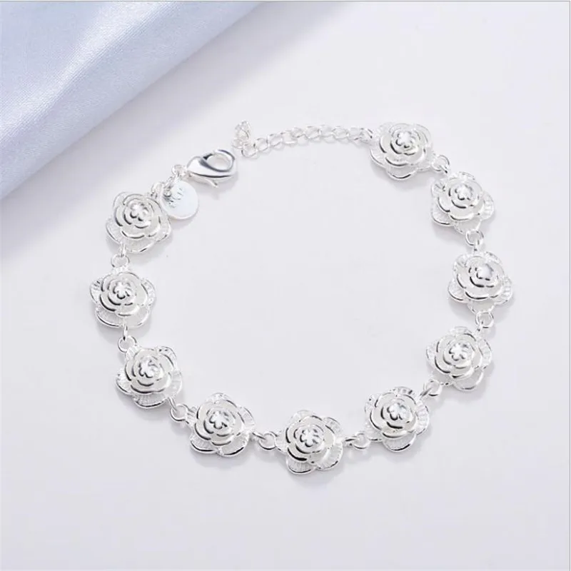 Urok 925 Sterling Silver Rose Flower Chain Bransoletka dla kobiet Moda Pretty Party akcesoria ślubne prezent piękna luksusowa biżuteria