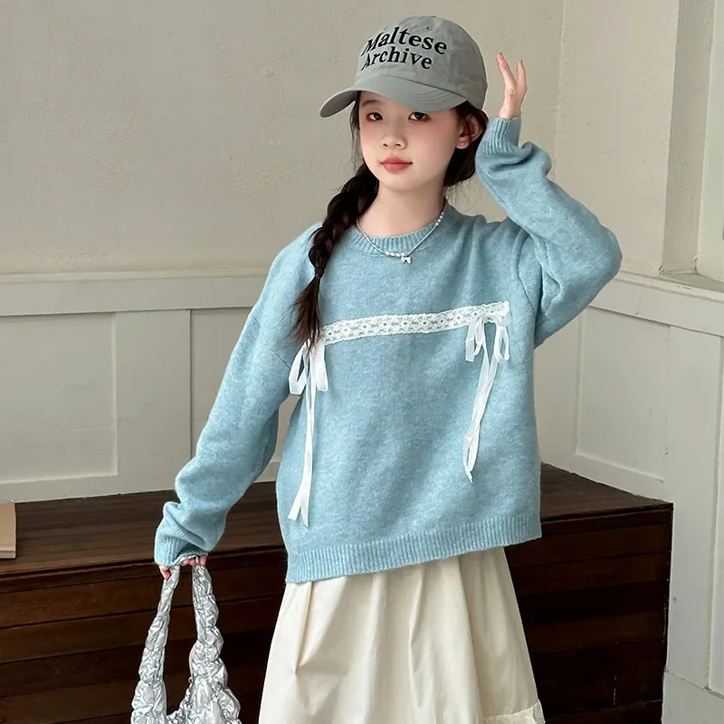 Girls' Autumn Top 2024 New Korean Edition Casual Loose Casual Lace Lace Knitted Sweater