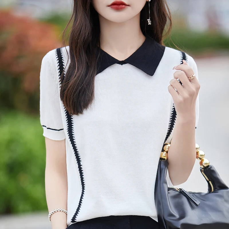 Women\'s T-shirt 100% Cotton Sweater Short Sleeve Fashion Turn-down Collar Ladies Tops Loose Blouse Spliced Pullover Tees