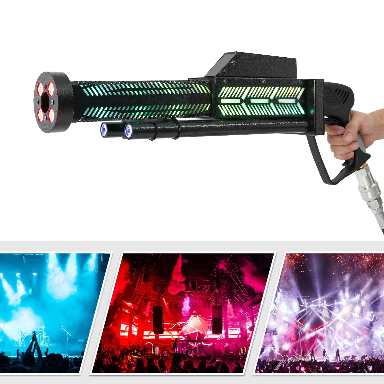 Pistolet à fumée CO2 avec lumière LED 50W 12V, pulvérisateur à jet portatif pour scène, bar, club, fête, effet longue portée 7m, pulvérisation haute pression, construction en fer et acrylique, déclencheur manuel, installation facile, interface de tube EU pour événements et festivals