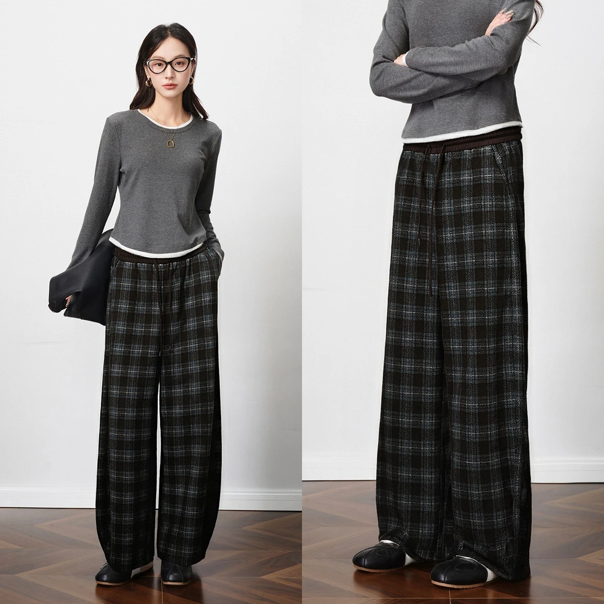 OLrain Women's Contrast Color Plaid Trousers 2025 Autumn Wool Blend Scimitar Cut Pant Lazy Loose Fit Casual Bottoms O57DK002261
