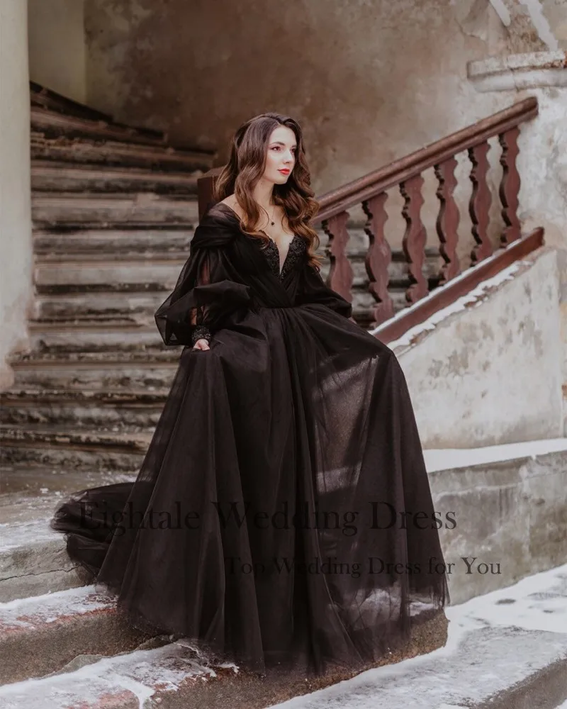 EPackage ale-Robe de Mariée Noire en Tulle à Manches sulfBouffantes, Style Gothique Victorien, à Lacets, pour Patients, Quelle que soit la Collection