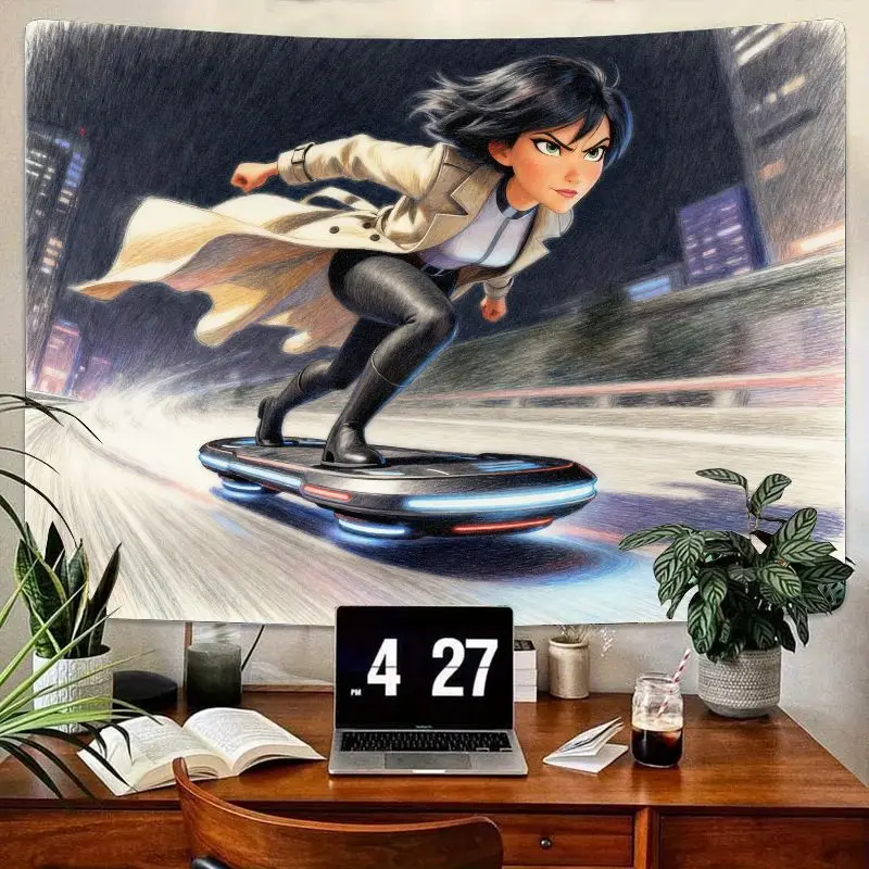 

1PC Cyberpunk Anime Girl Hoverboard Tapestry, Futuristic Sci-Fi City Wall Art Aesthetic, Modern Polyester Living Room Bedroom De