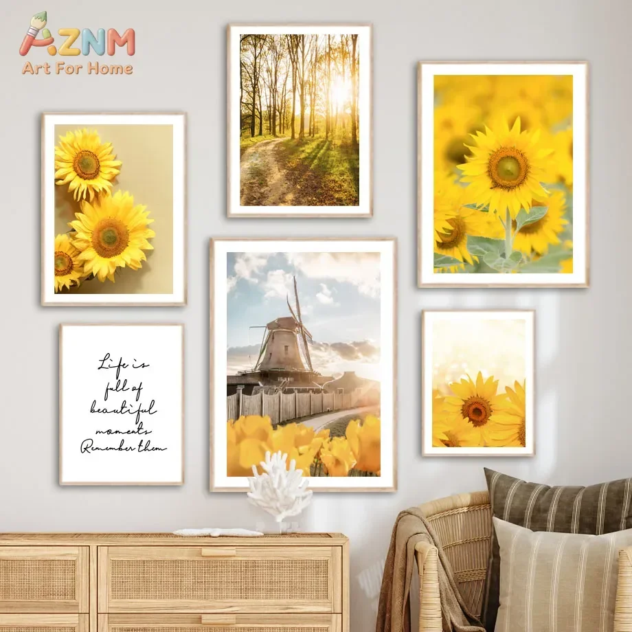 AZNM Warm Yellow Scenery Canvas Print Sunflower Windmill Forest Bird Inspirational Quote Unframed Canvas Wall Art Farmhouse Livi