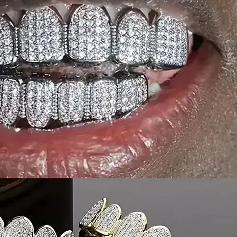 Gorros Grillz con dientes helados de Hip Hop, circonita cúbica, Micro pavé, parrillas con dijes superiores e inferiores, conjunto para hombres y mujeres, caja de joyería, paquete de regalo