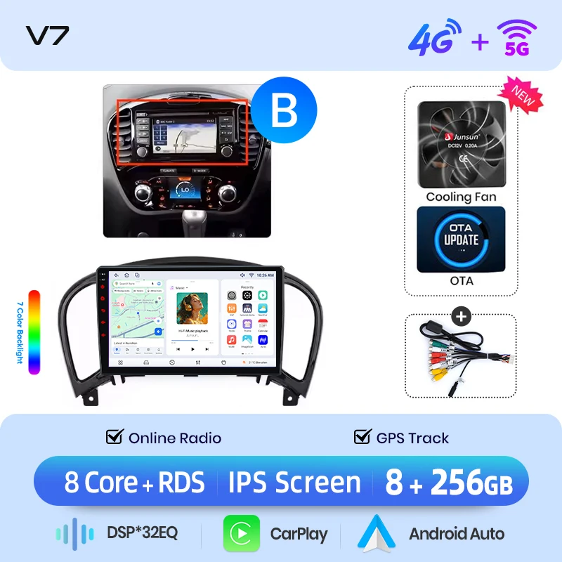 Junsun draadloze CarPlay Android Auto autoradio voor Nissan Juke (F15) 2010-2019 met ingebouwde koelventilator, Android GPS navigatie, multimediaspeler, WiFi, DSP, RDS, BT, SWC, IPS touchscreen,