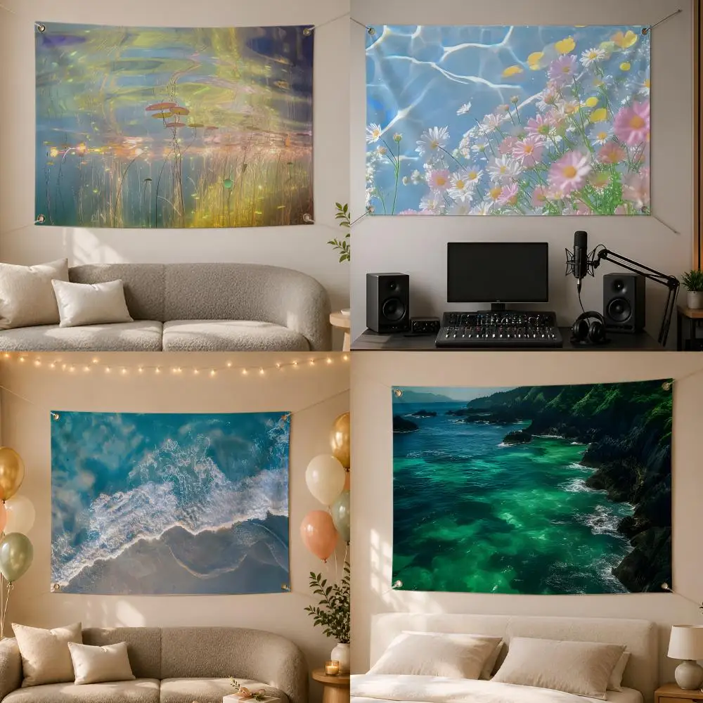 green plants sea water landscape Flags Wall Hanging Flag Banner for Bedroom Dorm Living Room Party Festival Camping Indoor