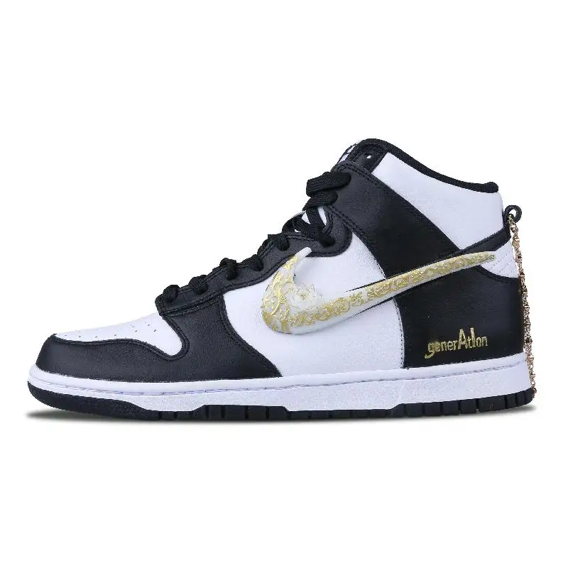 

【Customize】Nike Dunk High Skateboarding Shoes Women's High-top Black/White/Gold Sneakers shoes DD1869-103