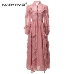 MARYYIMEI New Fashion Runway Designer Women's Clothing Stand-up Collar Lantern Sleeve Ruffled Patchwork Pleated Flower Dress