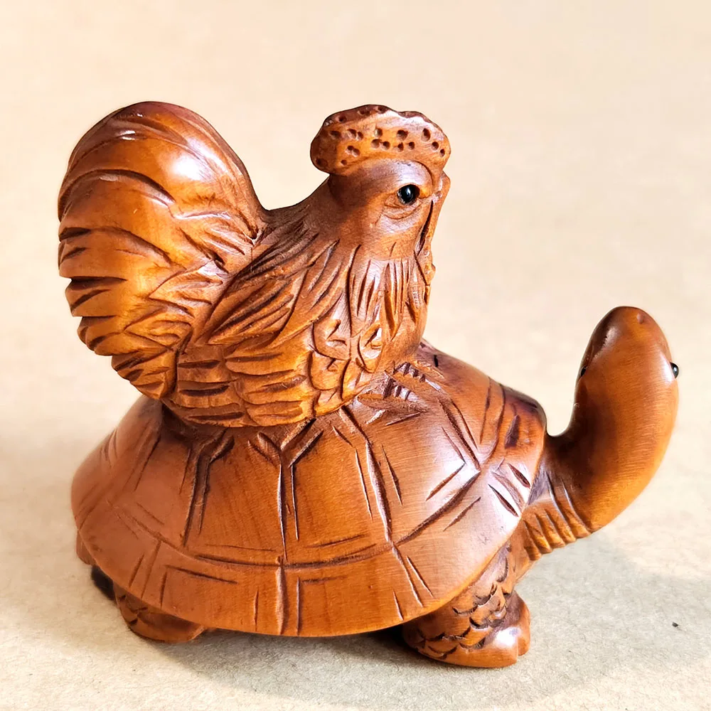 

Y8499 - 2" Hand Carved Japanese Boxwood Netsuke - Rooster Taxi Turtle