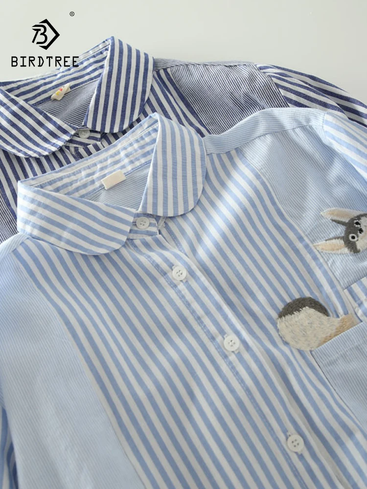 

Новая женская хлопковая рубашка с длинным рукавом Весна 2026, с отложным воротником, в полоску, с вышивкой, в стиле Mori Girl, модный дизайн, свободная блузка INS T63490CC