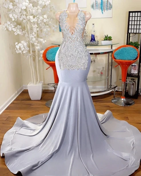 

Silver African American Prom Dresses Mermaid Sheer Beaded Luxury Black Girls Nigeria Robe De Soiree Evening Dresses Gown