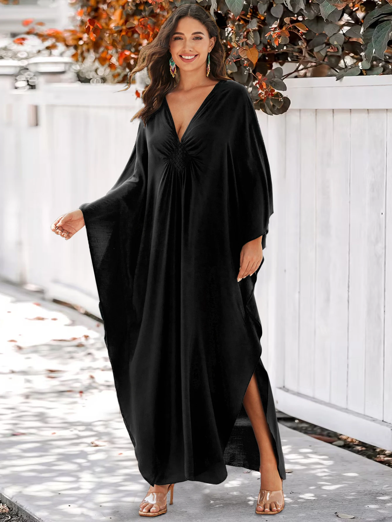 Black Causal Handmade-knit V Neck Plus Size Kaftan House Dress 2024 Women Summer Beach Wear Swim Suit Cover Up Loose Robe Q1590