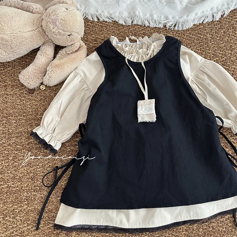 Girls Casual Dresses Autumn New Girl Flower Edge Children Clothing Long Sleeves Skirt Overskirt 2 Piece Set 2024 Sweet Fashion