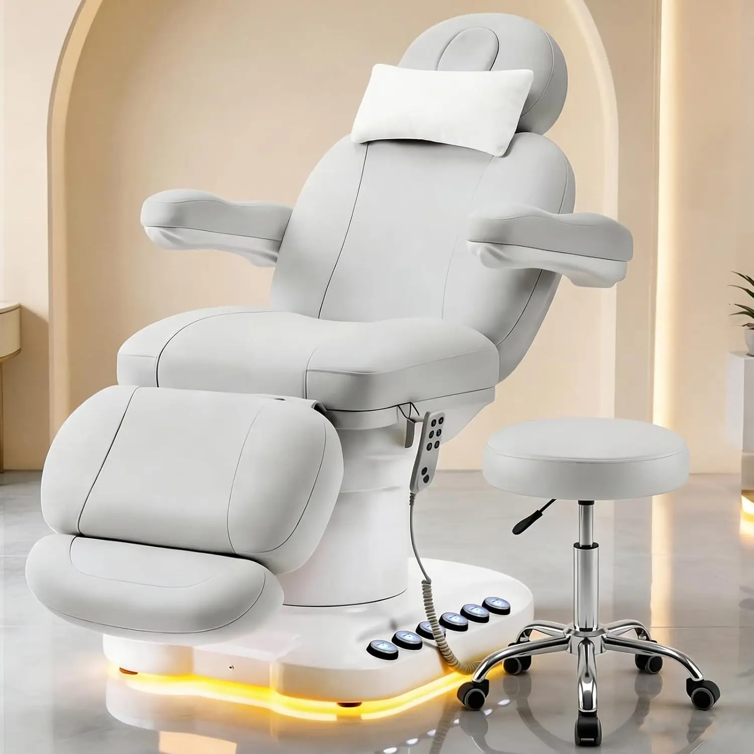Electric Massage Table with 3 Motors, Professional Esthetician Bed with LED Light, Height, Length & Angle Adjustable Beauty