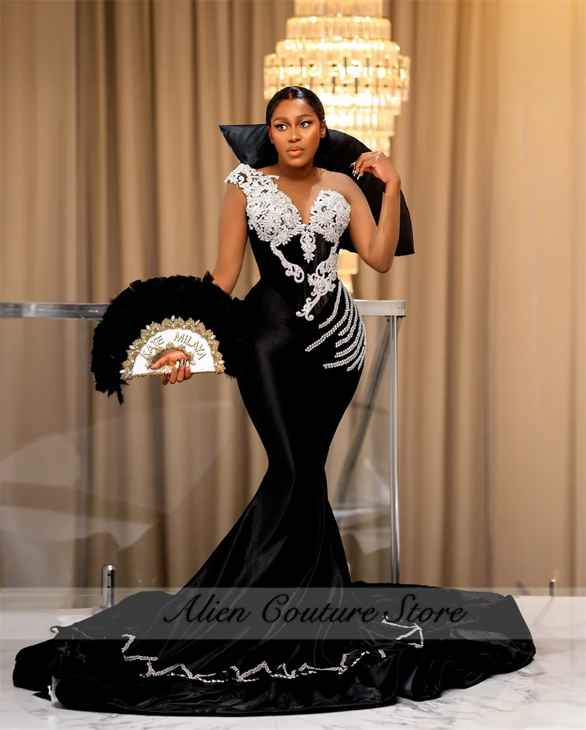 فستان سهرة رائع بحورية البحر من القطيفة باللون الأسود مطرز بالكريستال والألماس أنيق طويل فستان زفاف فيستدو دي نويفا مخصص