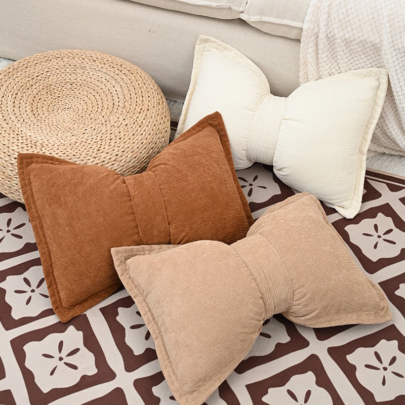 BUYNOW 1PC Corduroy Bow Pressed Edge Pillowcase French Luxury High-end Princess Style Sofa Cushion Cover Home Bedroom Decor