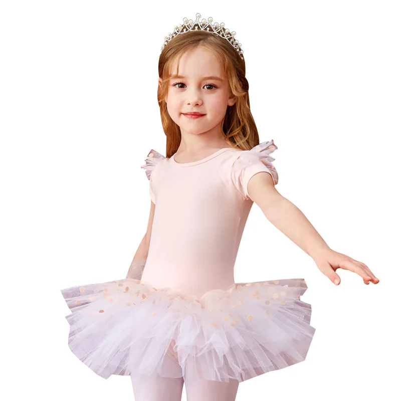 Children\'s Dance Suit New Girls Bowtie Tulle Mesh Training Suit Chinese Dance Form Short Sleeve Pink Blue Open Range Tuffy Skirt