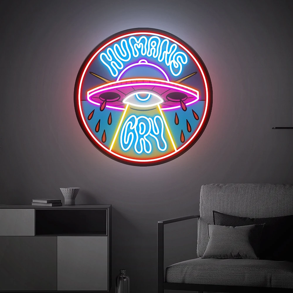 UFO Neon Sign com impressão UV, Humanos Choram, Luz personalizada, Decoração de parede de festa, Decoração do quarto, Luzes de néon LED