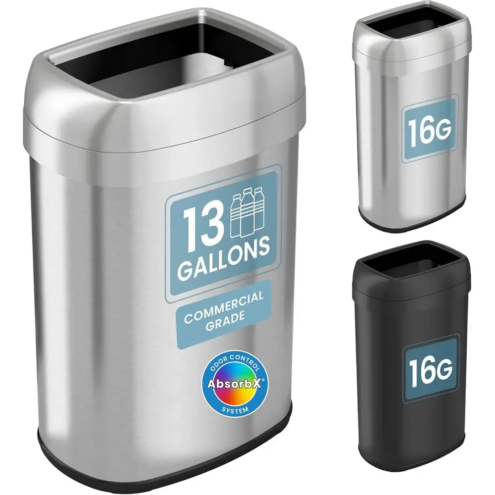 

13 Gallon 50L Oval Stainless Steel Trash Can with Double Odor Filters - Finger-Resistant for Kitchen and Office Waste