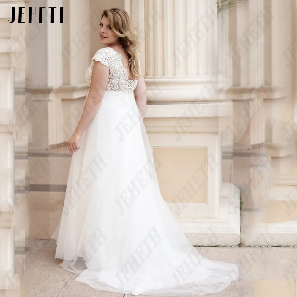 JEHETH Wedding Dresses Boho Style V-Neck Cap Sleeves Backless Bride Gowns Plus Size A-Line Applique Tulle vestidos de novia