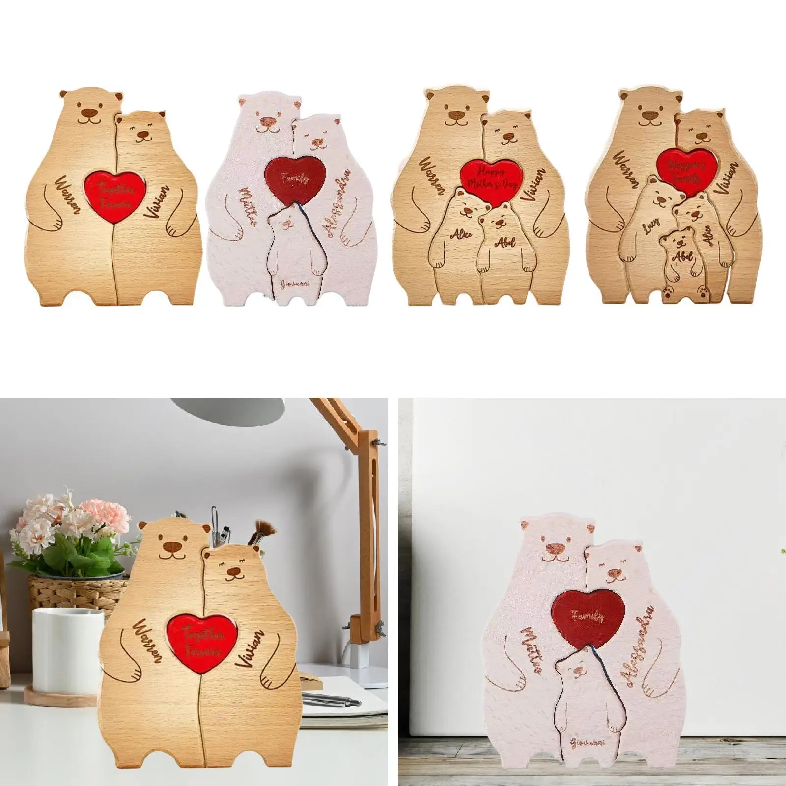 Quebra-cabeça de arte de madeira em forma de urso, decoração de madeira, decoração de mesa, escultura de presente de quebra-cabeça de madeira, família de ursos para casa, aquecimento