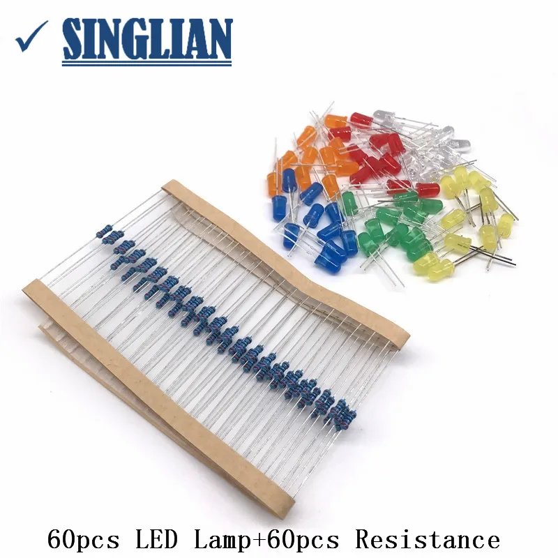 6 Colors Red Green Yellow White Blue Orange 5MM LED Light-emitting Diode Kit Package Include 60pcs LED Lamp+60pcs Resistance